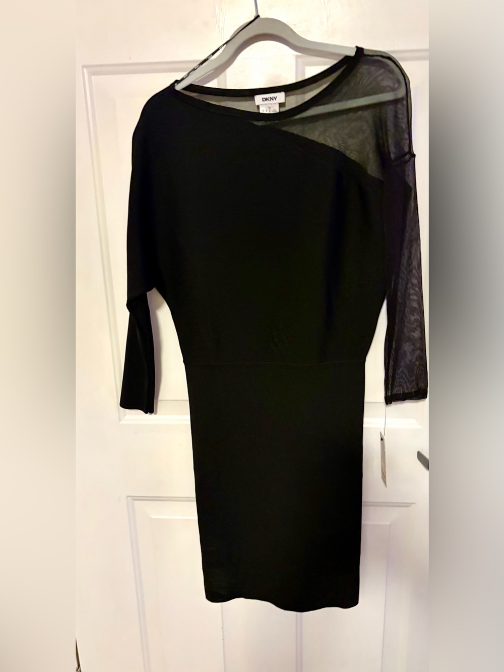 DKNY Asymmetrical Mesh Sleeve body con Black Mini Dress. Never worn